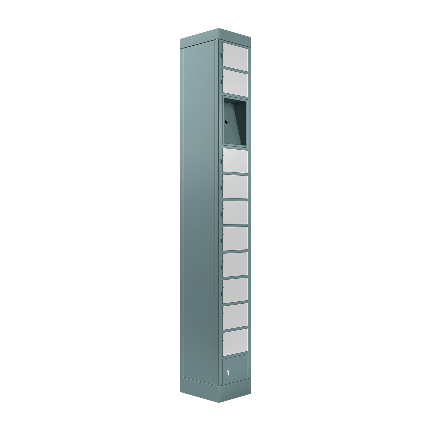 locker compartment system, size S, with 10 compartments, space for user terminal, left view