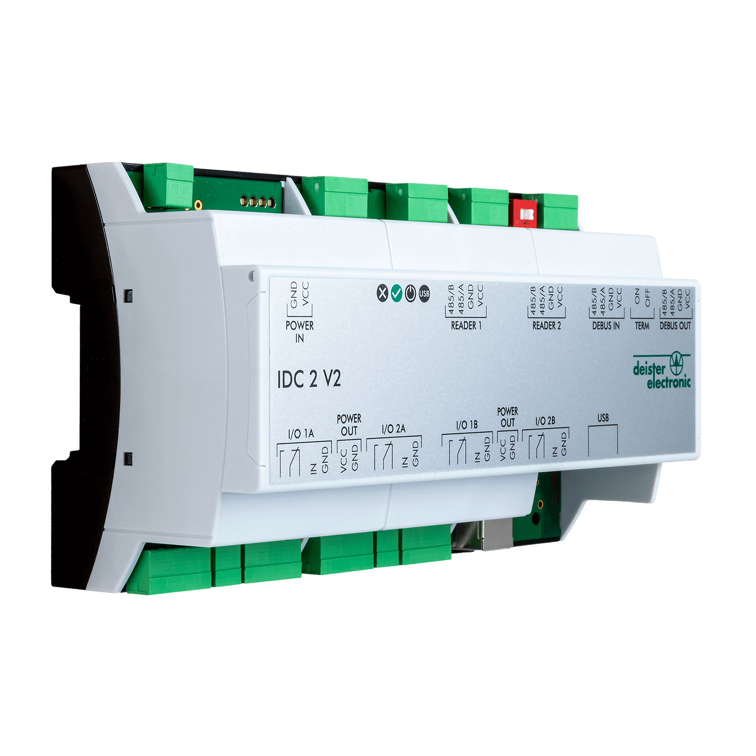 Controller IDC 2 V2  – zur Steuerung von RFID Lesern, mit deBUS Schnittstelle. Ansicht von links