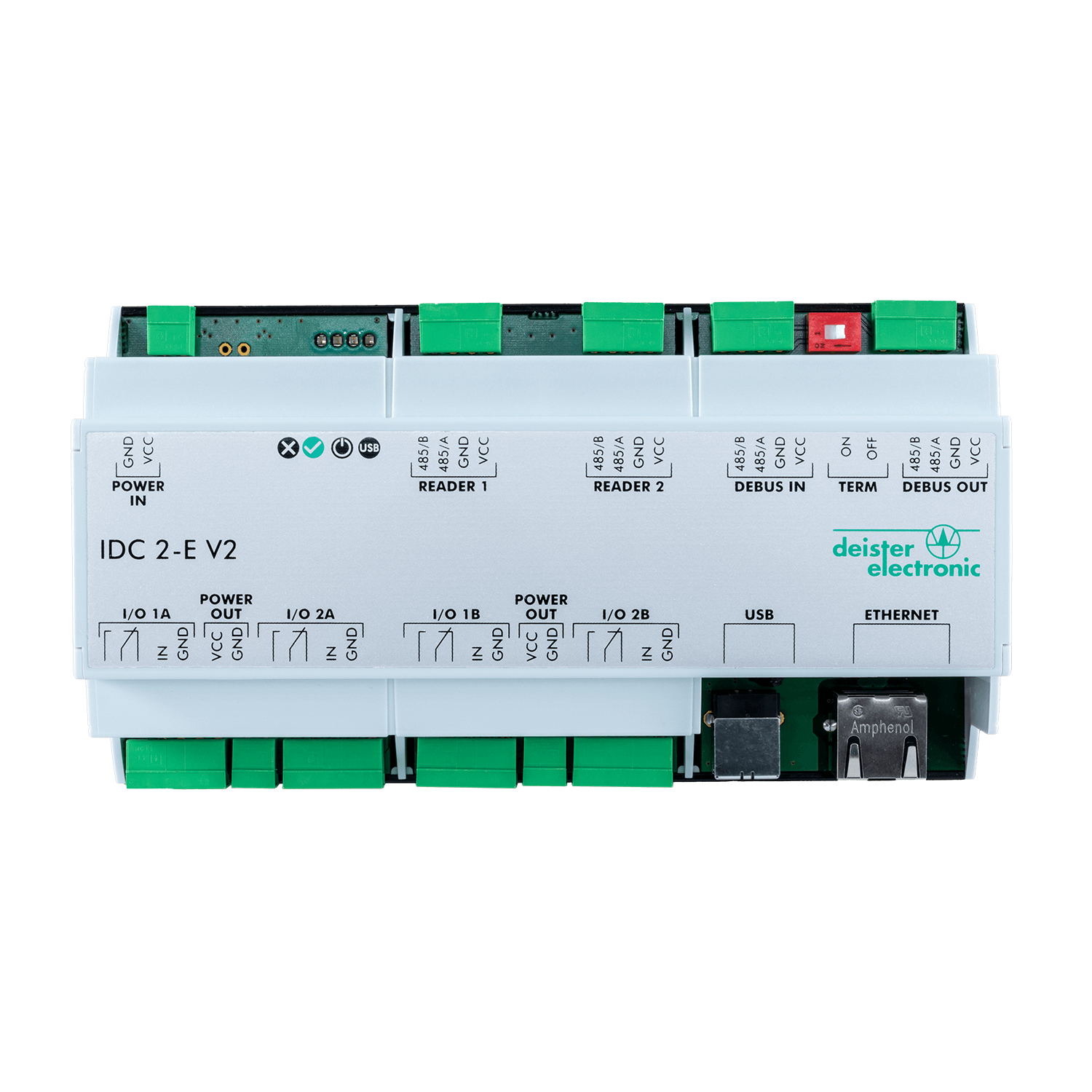Controller IDC 2E V2 - For controlling RFID readers, with Ethernet connection. Front view