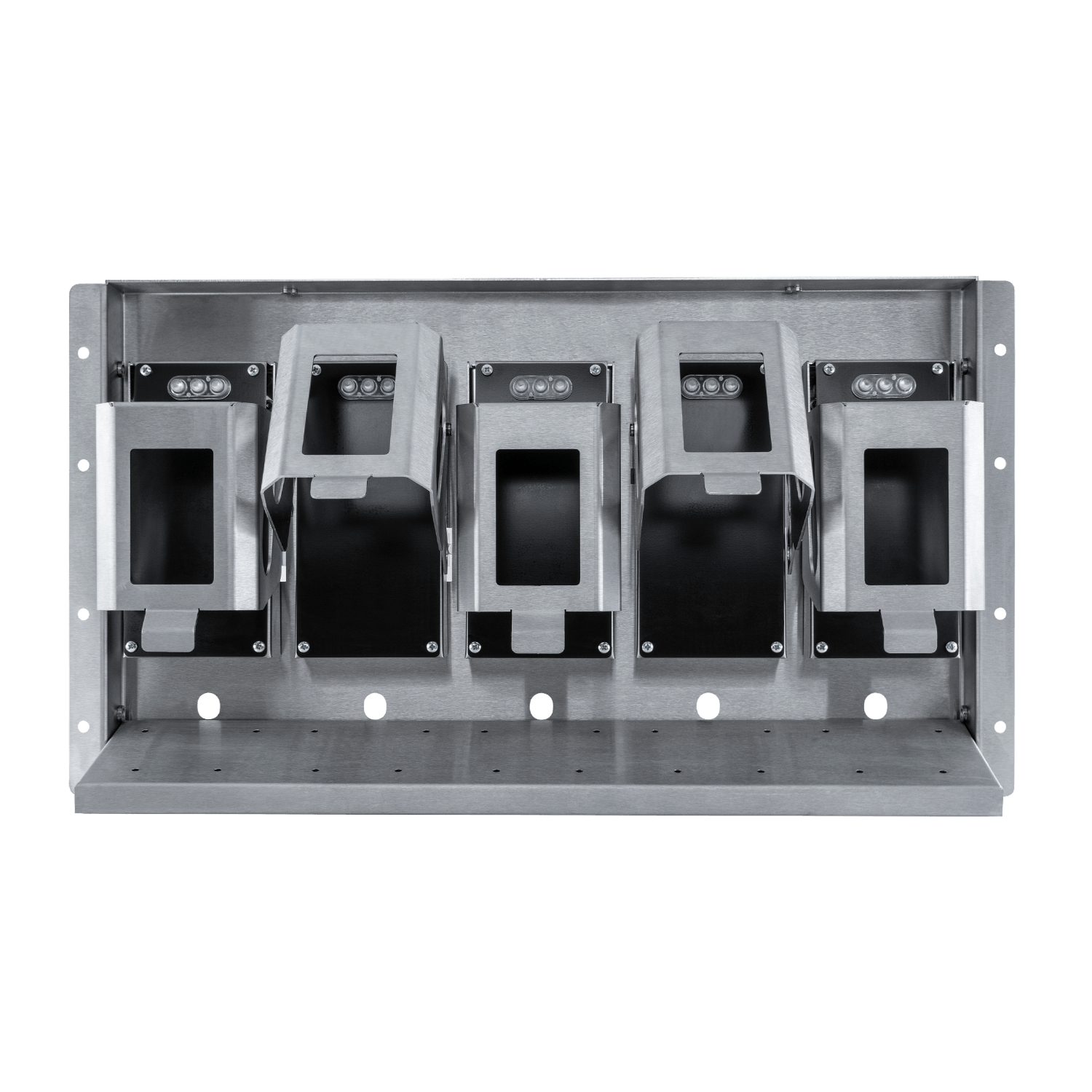 Built-in panel for the storage of 5 radios. Front view with open flaps
