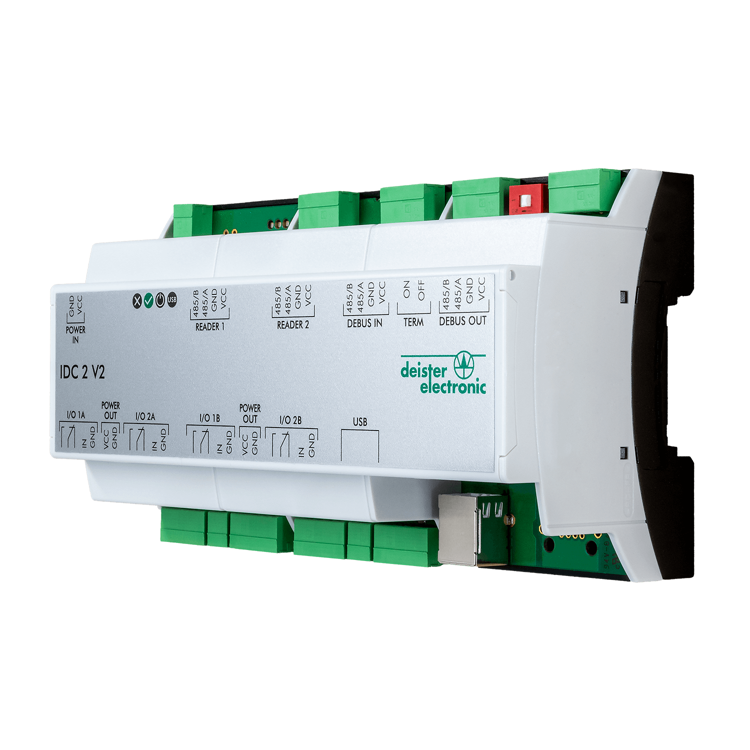 Controller IDC 2 V2  – zur Steuerung von RFID Lesern, mit deBUS Schnittstelle. Ansicht von rechts