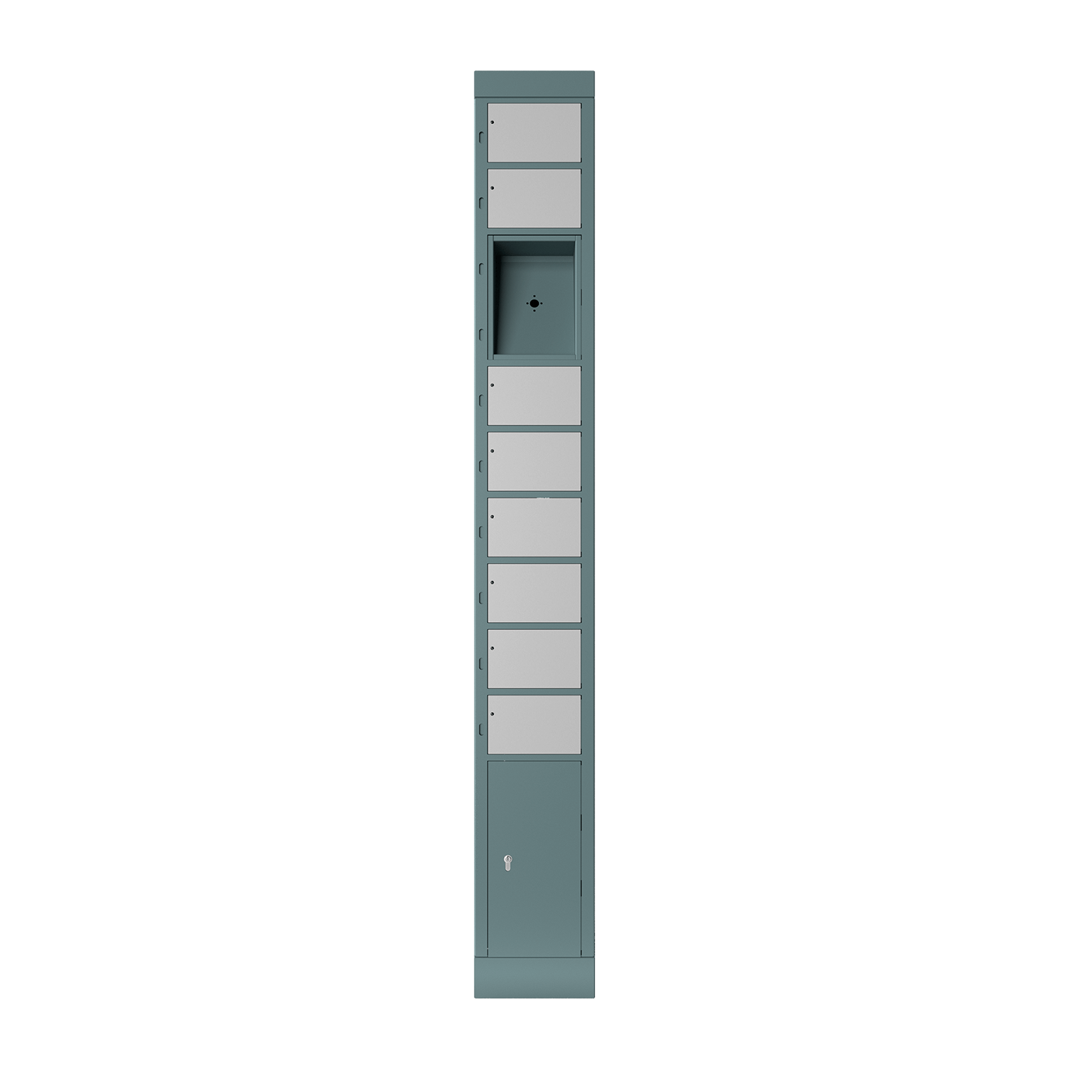 locker compartment system, size S, with 8 compartments, space for user terminal, front view