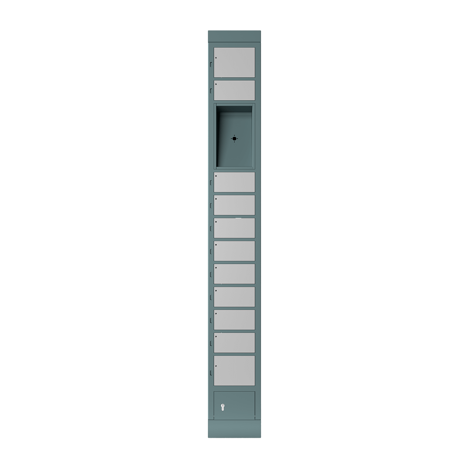 locker compartment system, size S, with 11 compartments, space for user terminal, front view