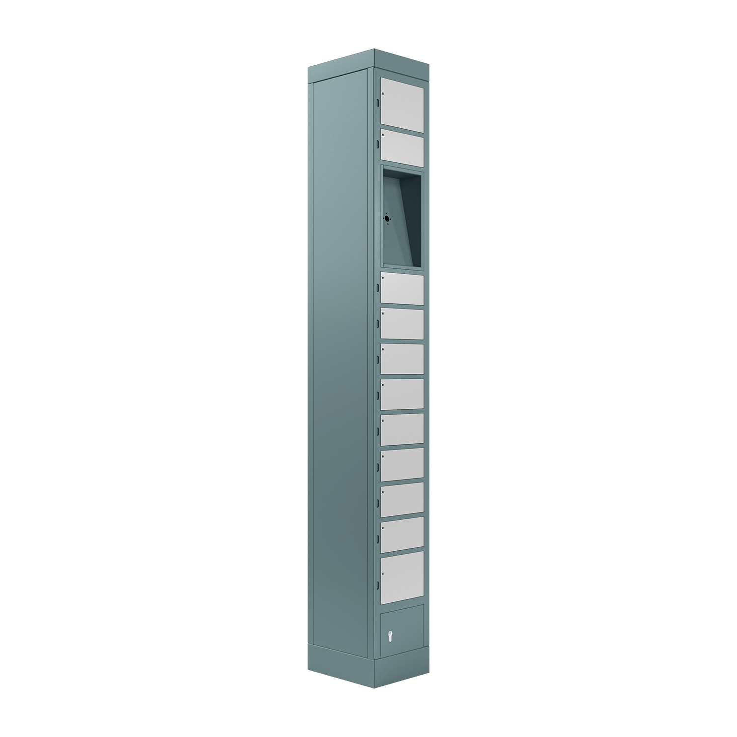 locker compartment system, size S, with 11 compartments, space for user terminal, left view